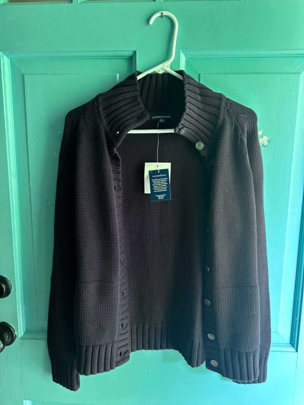 Lands' End Women’s Dark Navy Shawl-Collar Button Cardigan Sweater Petite Medium